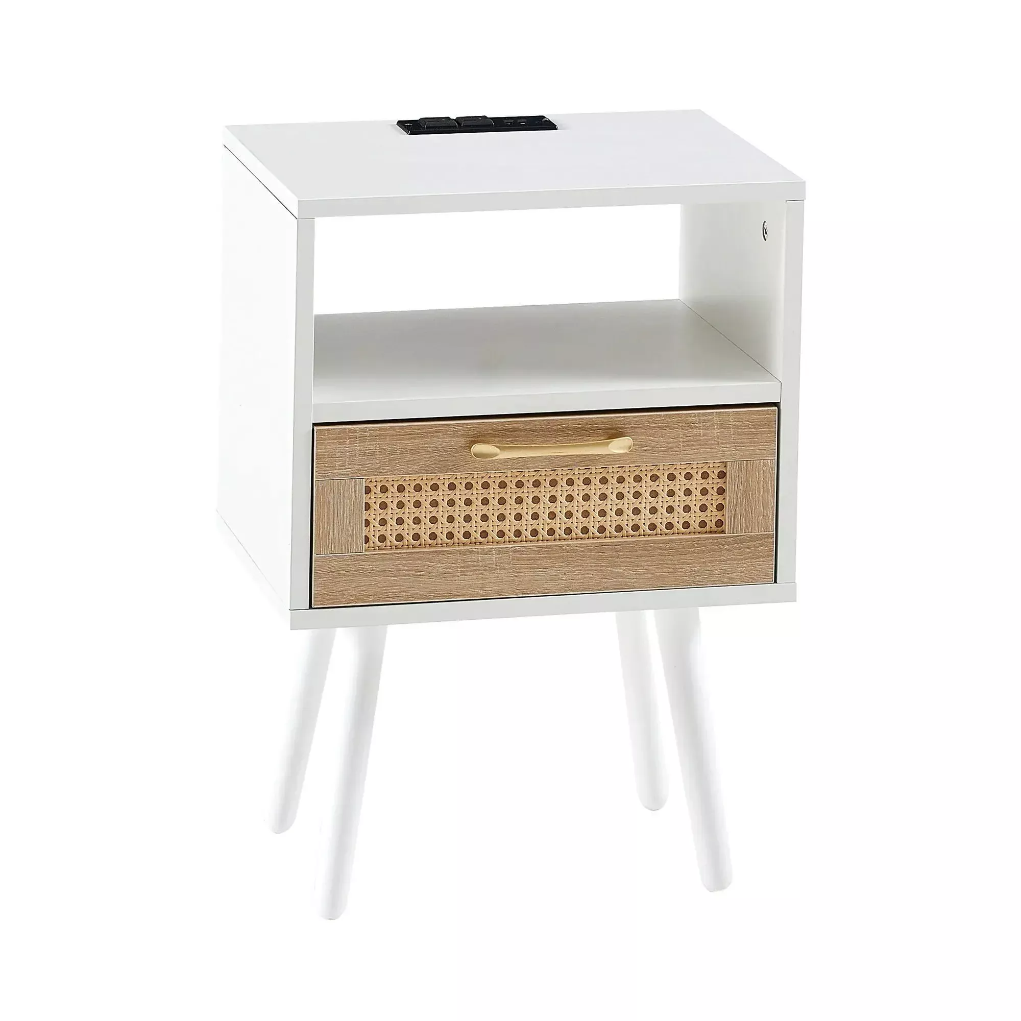 15.75" Rattan End Table With Power Outlet & USB Ports, Modern Nightstand With Drawer And Solid Wood Legs, Side Table For Living Room, Bedroom