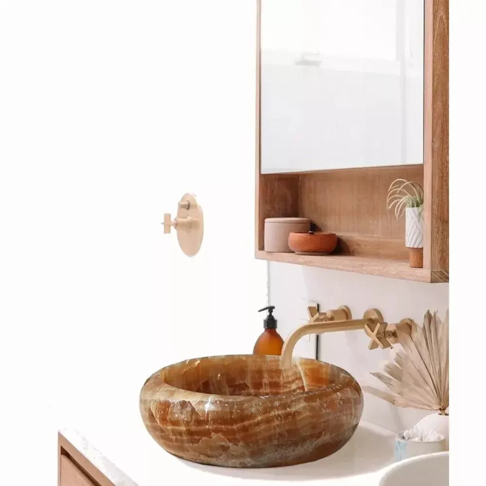 16 Inch Round Honey Onyx Natural Stone Vessel Bathroom Sink