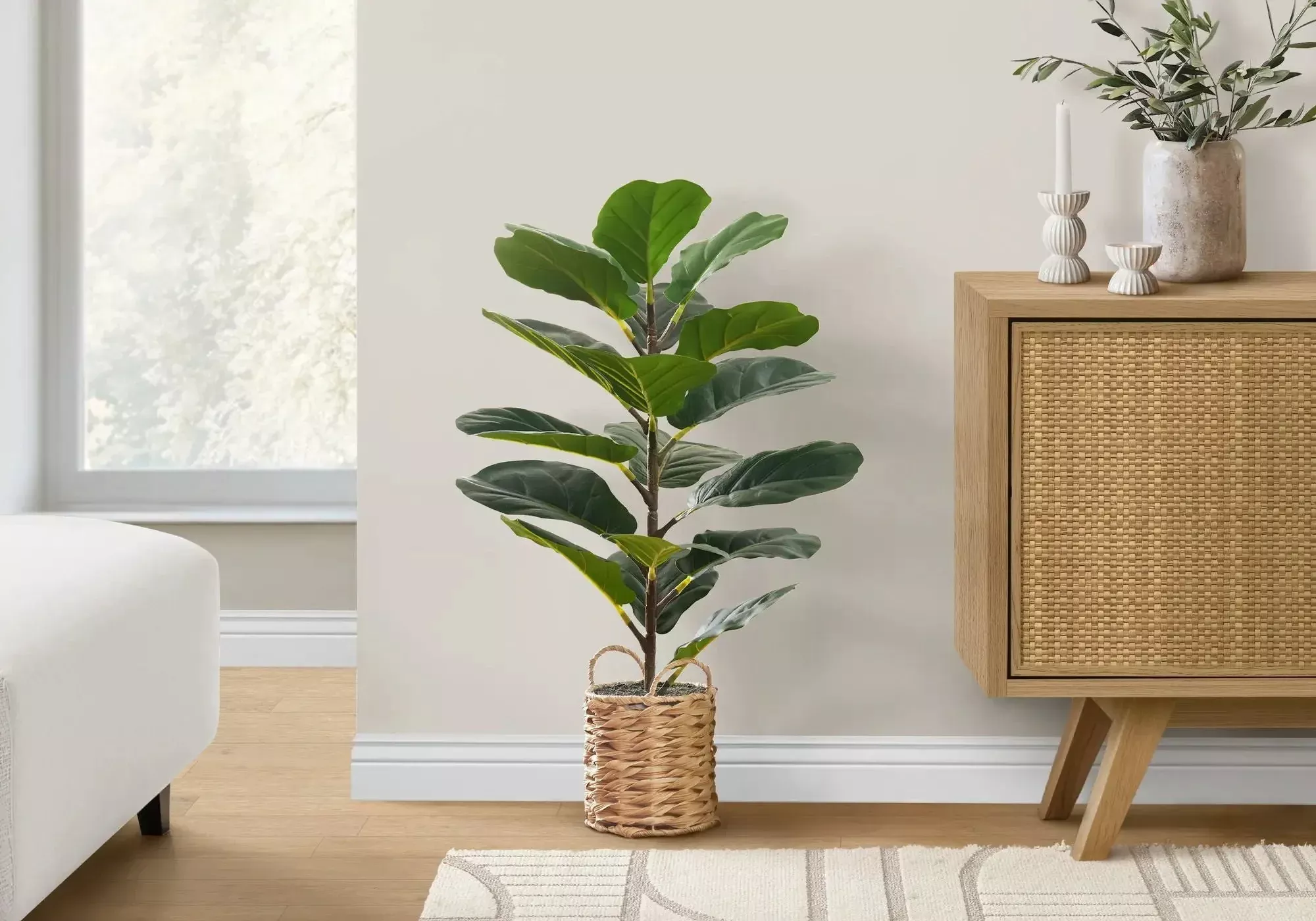28" Tall, Artificial Plant, Fiddle Tree, Indoor, Faux, Fake, Floor, Greenery, Potted, Real Touch, Decorative - Green / Beige