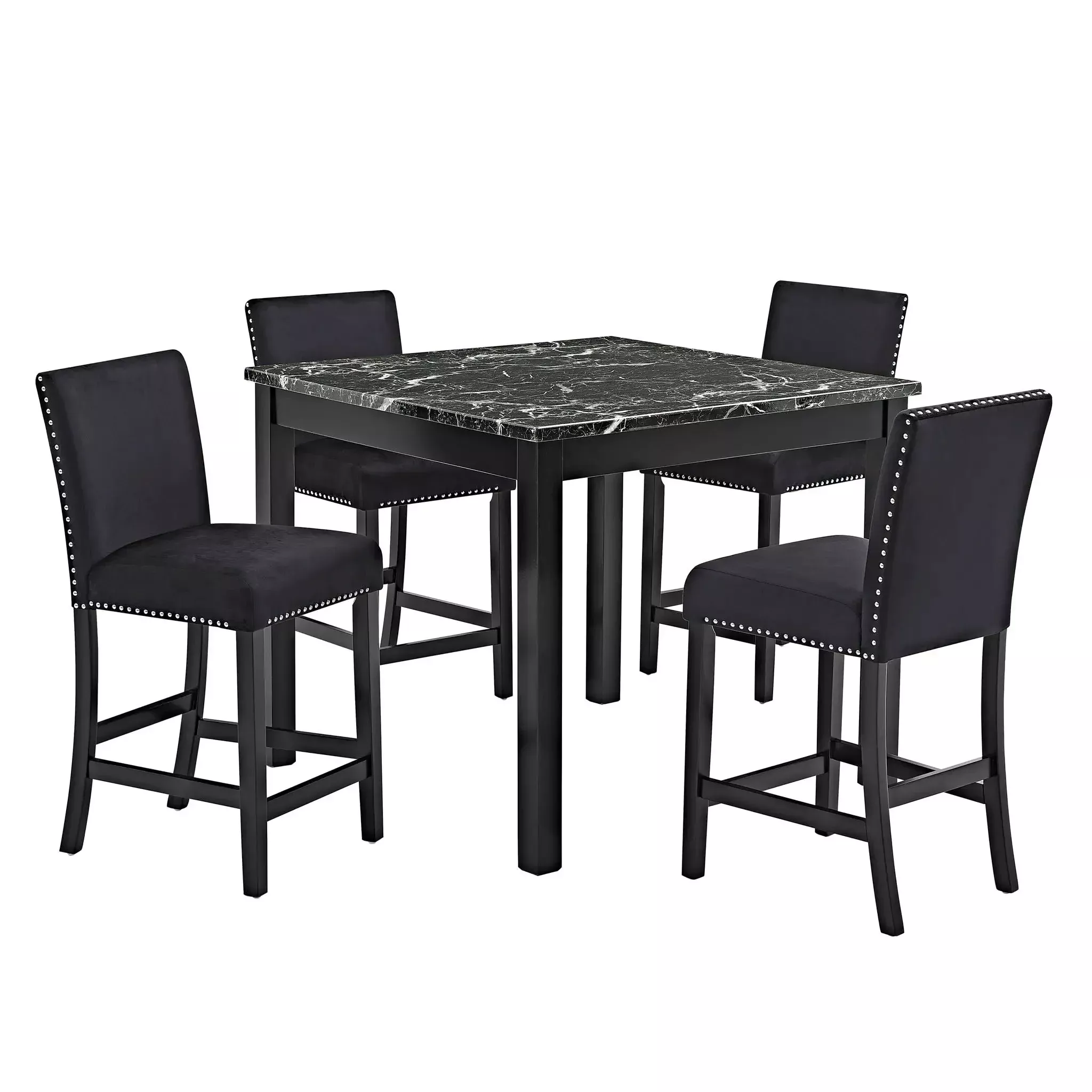 5 Piece Counter Height Dining Set With Table, Tufted Nail Head Chairs - Black