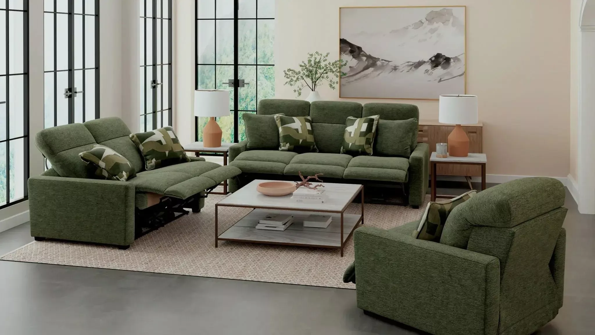 Ada - Power Adjustable Headrest Power Sofa With 3 Recliners - Moss