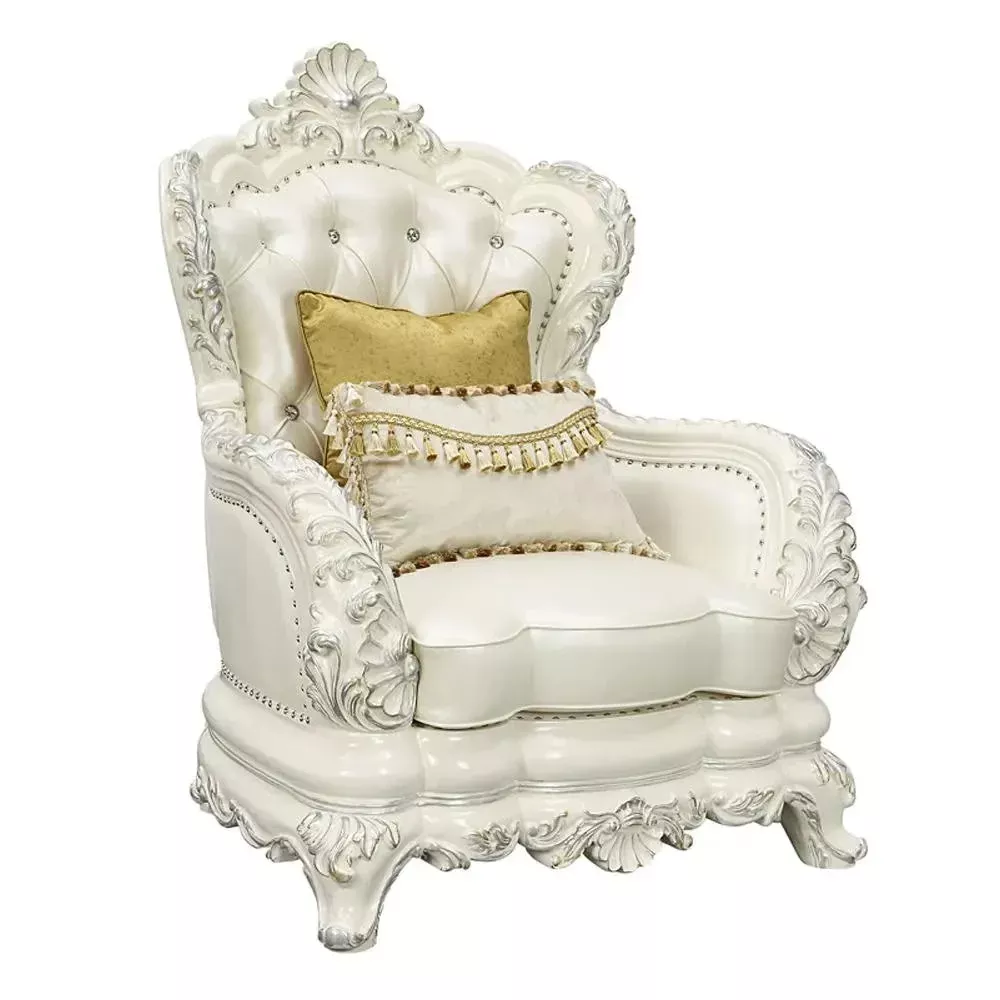 Adara - Chair With 2 Pillows - Pearl White Synthetic Leather & Antique White