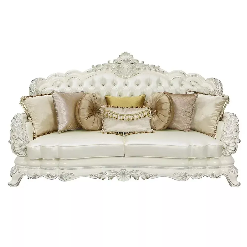 Adara - Sofa With 7 Pillows - Pearl White Synthetic Leather & Antique White