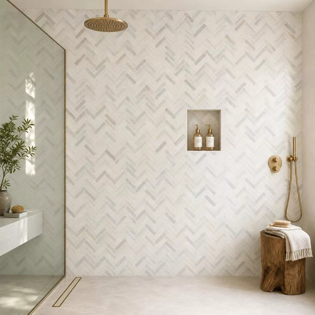 Angora Herringbone 1x3 Polished 0.38 Inch Marble Mosaic Tile