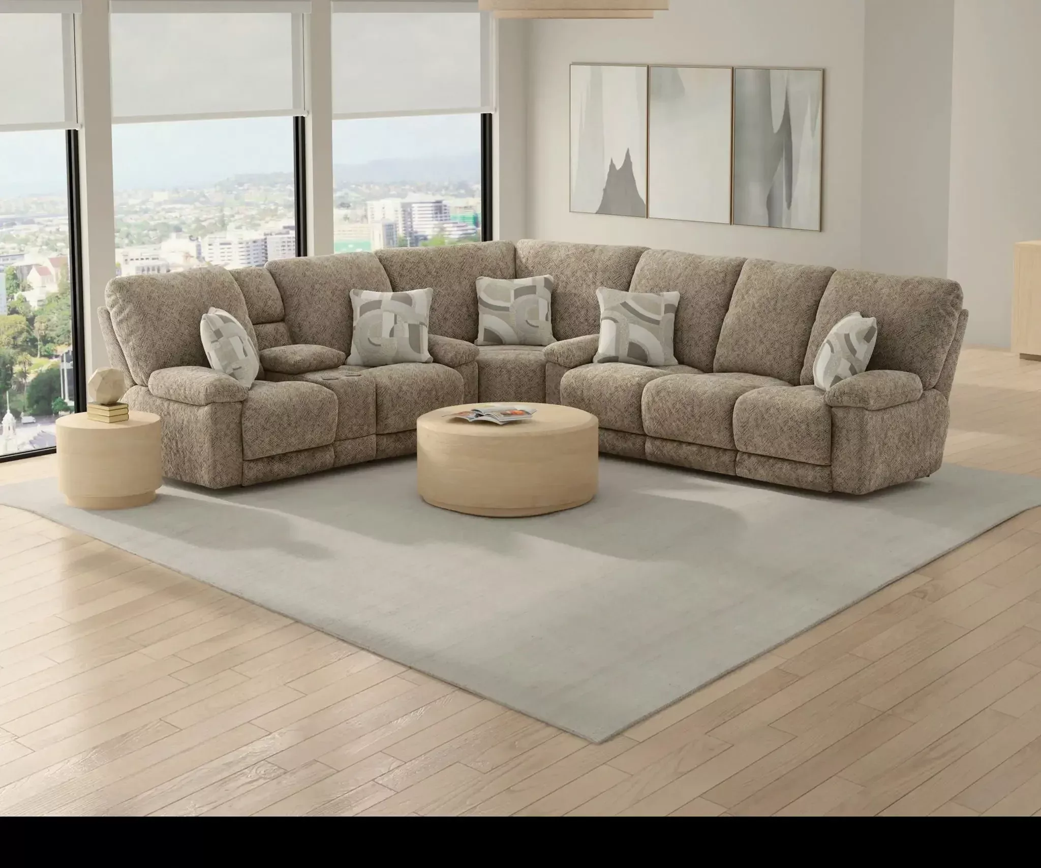Beacon - Power Lay Flat Recliner Console Loveseat With Storage Arm / Reading Lights / Extended Ottoman - Mushroom