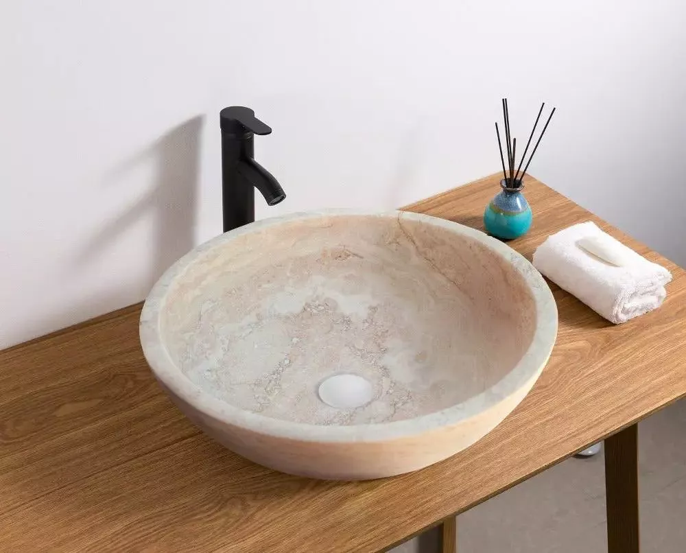 Beige Natural Travertine Stone Round Vessel Bathroom Sink 18 Inch Honed