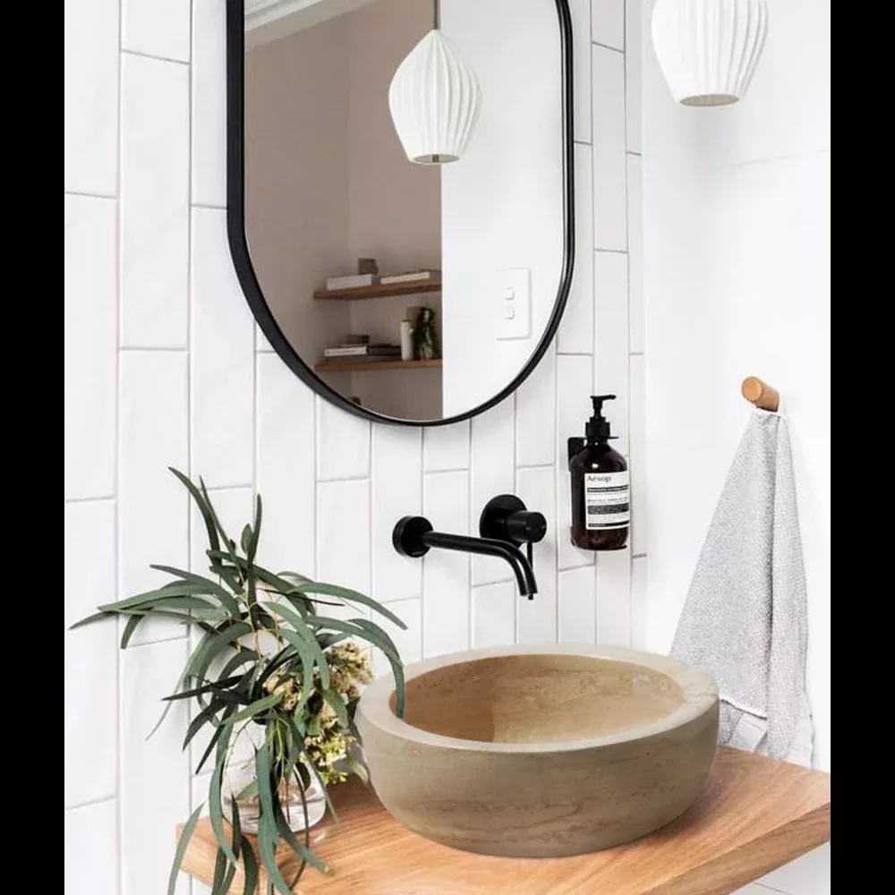Beige Travertine Natural Stone Round Vessel Bathroom Sink 14 Inch