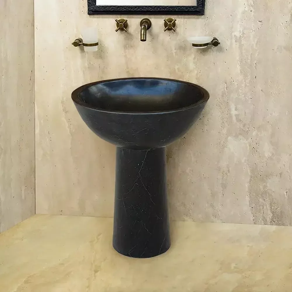 Black Marble Pedestal Oval Bathroom Vanity Sink Polished
