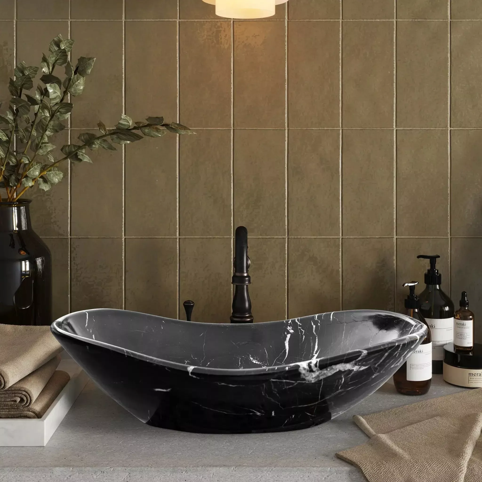 Black Turkish Marble Handcrafted Vessel Bathroom Sink Above Counter Vanity