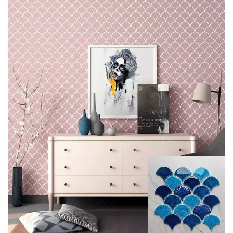Blue Patterned Fan Shaped Mosaic Tile