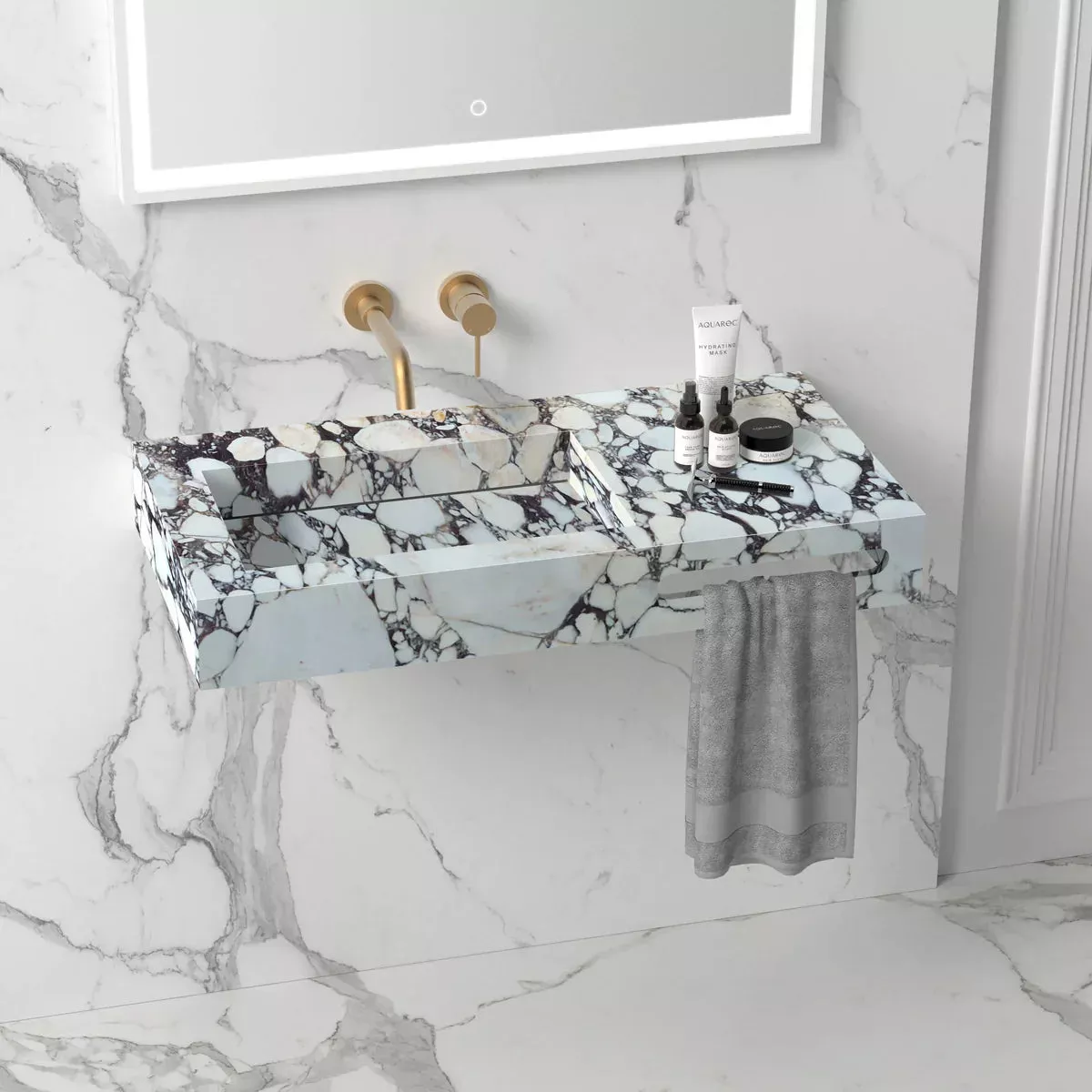 Calacatta Viola Handcrafted Marble Wall Mount Bathroom Sink With Towel Bar