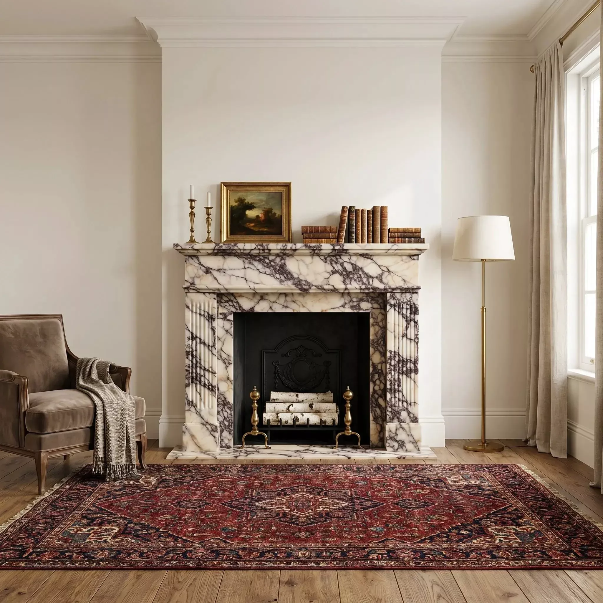 Calacatta Viola Marble Fluted Fireplace Mantel Polished White Finish 70 x 52 x 7