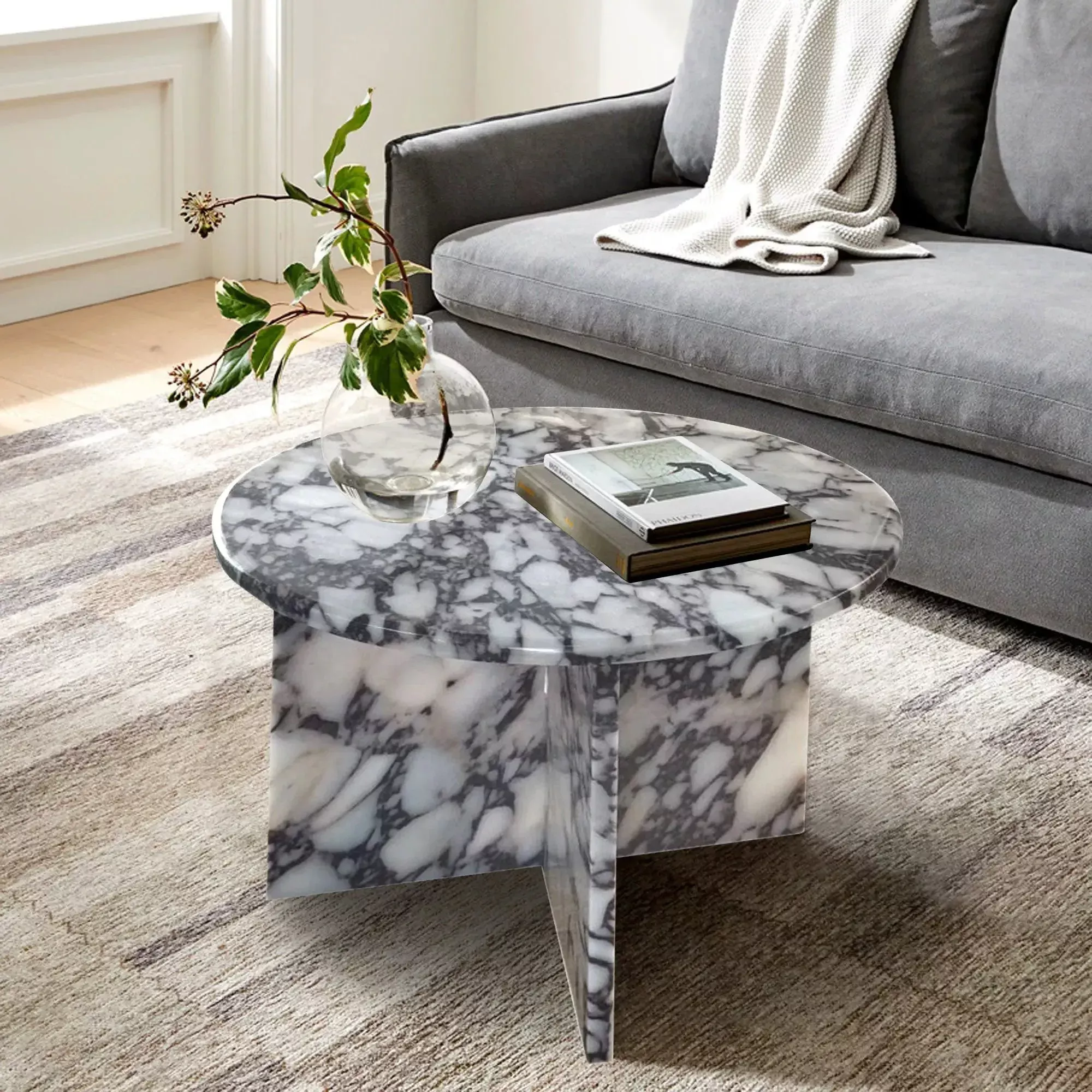 Calacatta Viola Marble Round Polished Coffee Table Modern Style 24 Inch Diameter