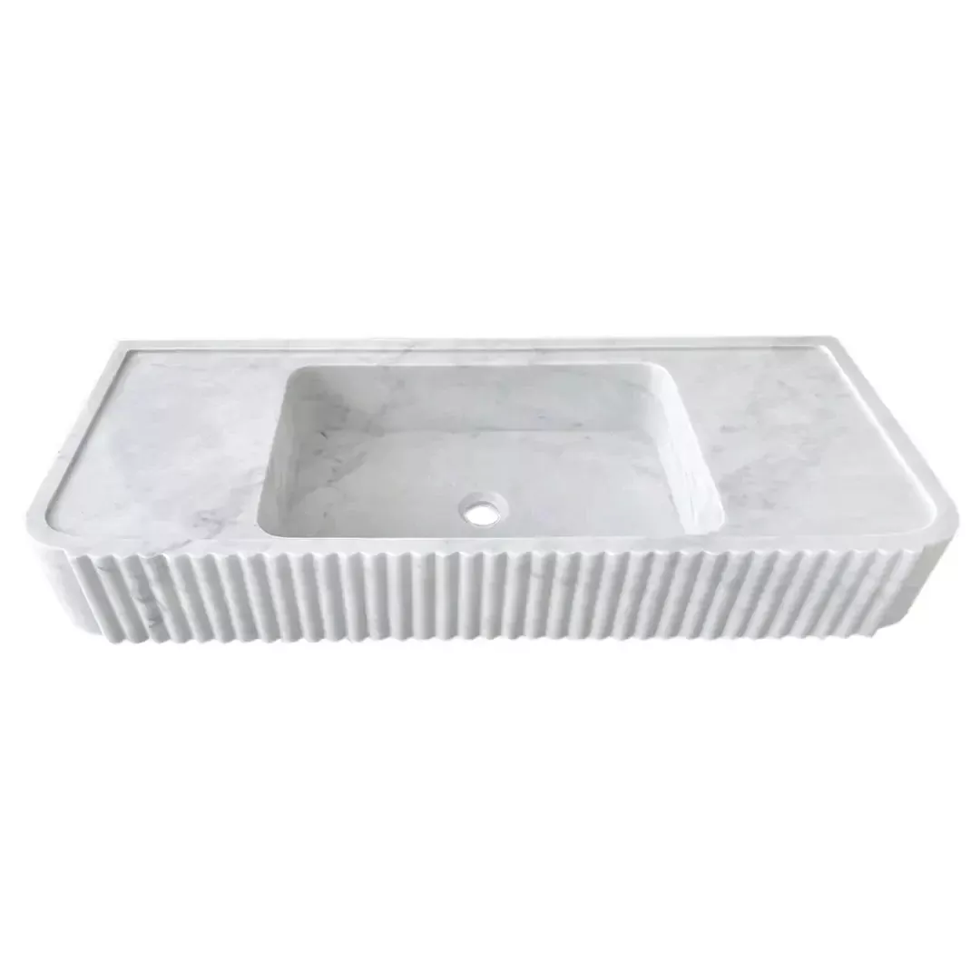 Carrara White Marble Fluted Wall Mount Bathroom Vanity Sink 16Inch