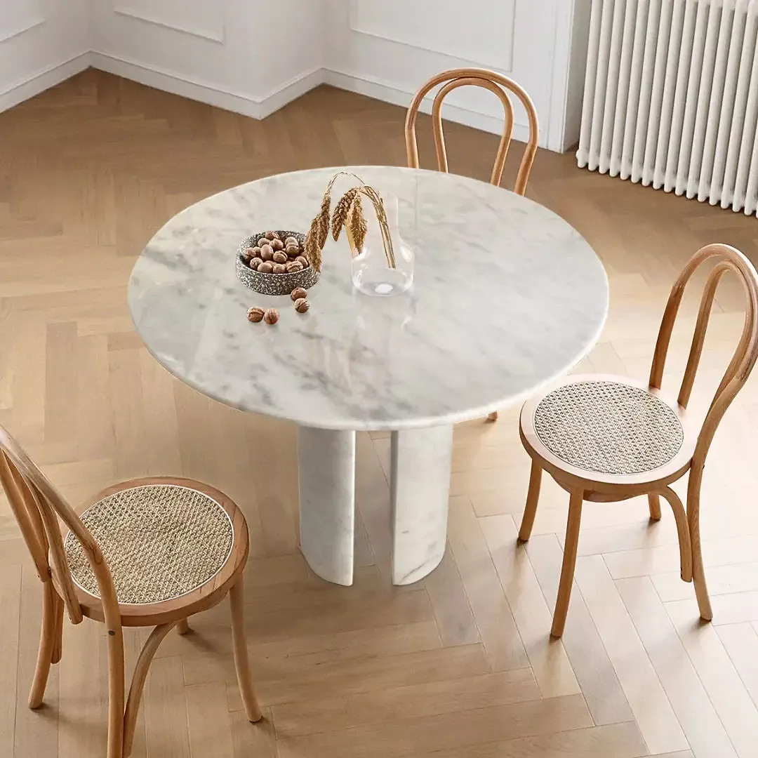 Carrara White Marble Round Dining Table with Marble Legs Polished 48 Inch Diameter
