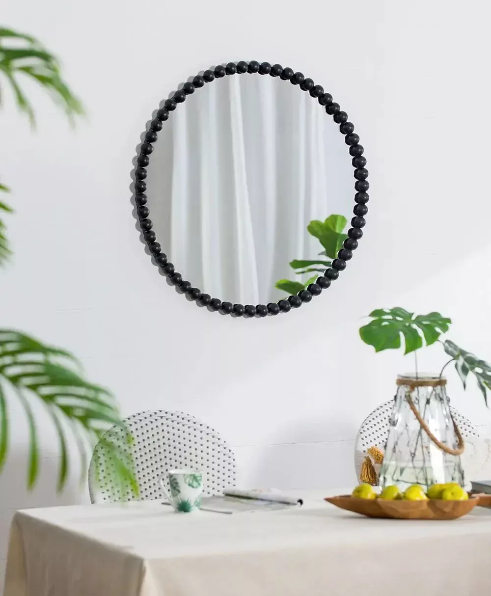 Circle Mirror With Metal Beaded Frame, Wall Mirror For Living Room Bedroom Entryway - Black