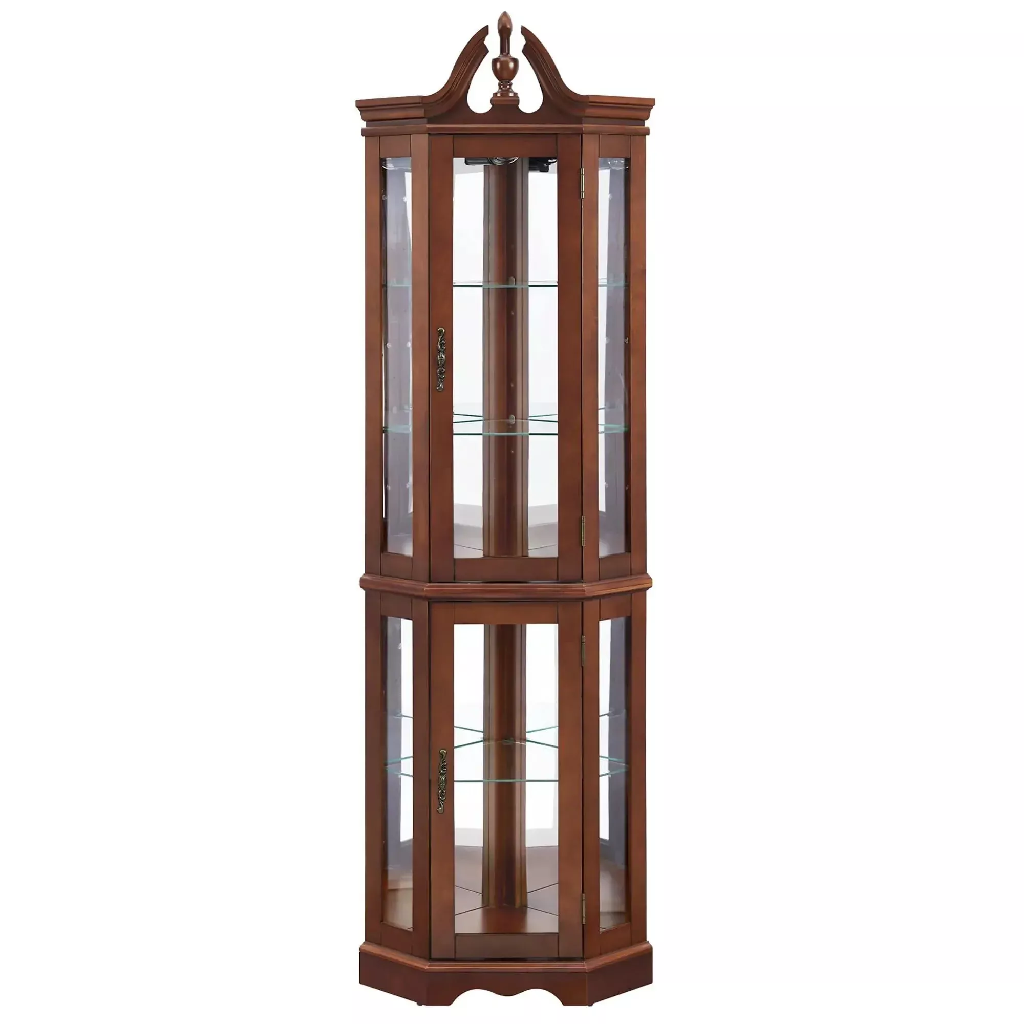 Corner Curio Cabinet With Lights, Adjustable Tempered Glass Shelves, Display Cabinet (E26 Light Bulb Not Included) - Mirrored / Walnut