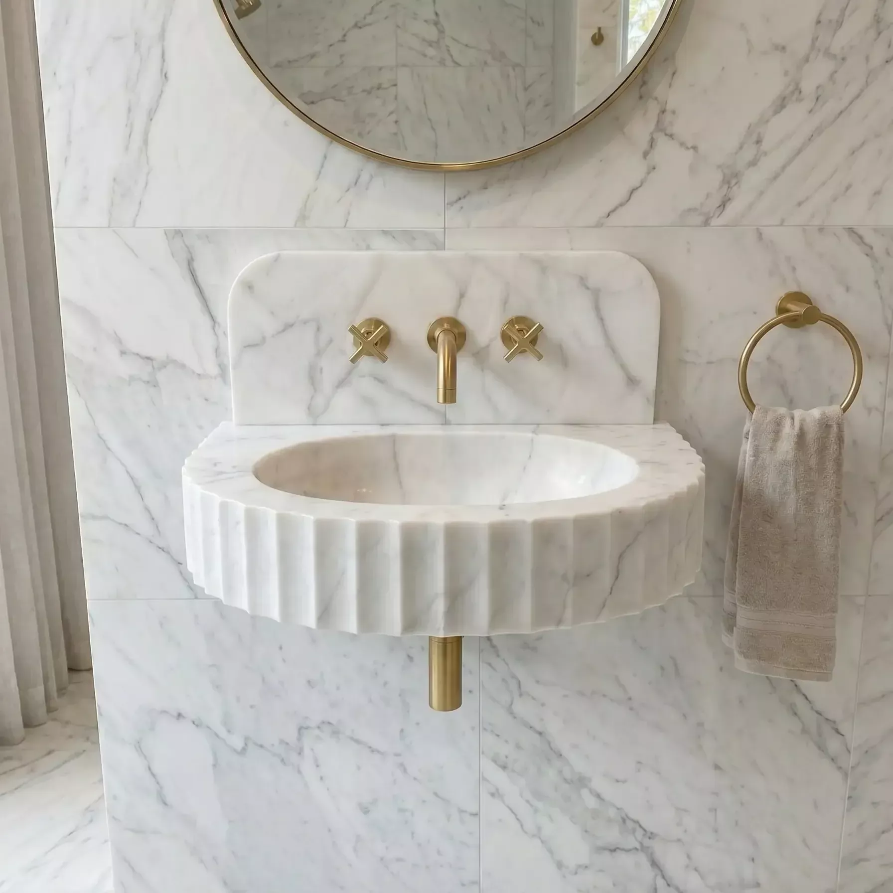 Custom Carrara White Marble Wall Mount Bathroom Sink With Fluted Front Design