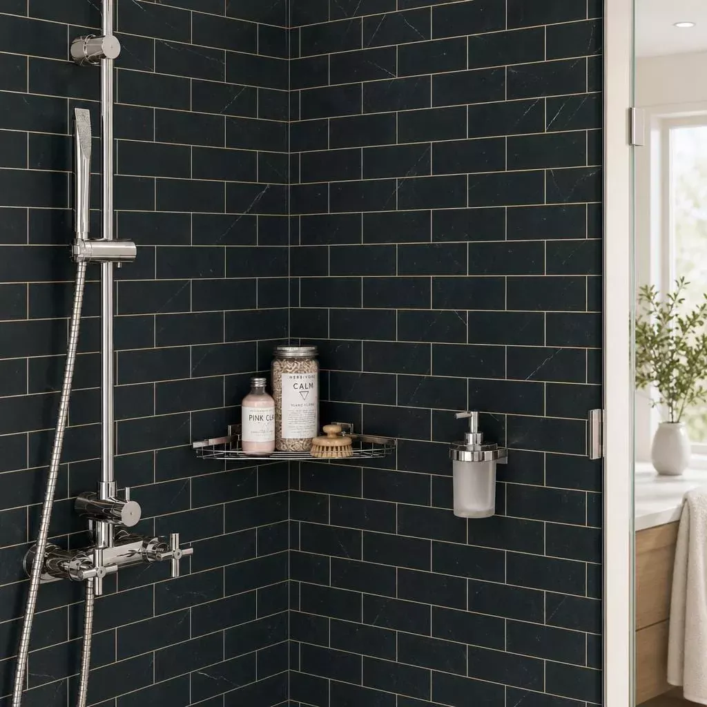 Ferrara Nero with Brass Deco Marble Tile 3x6 Honed 3/8 inch