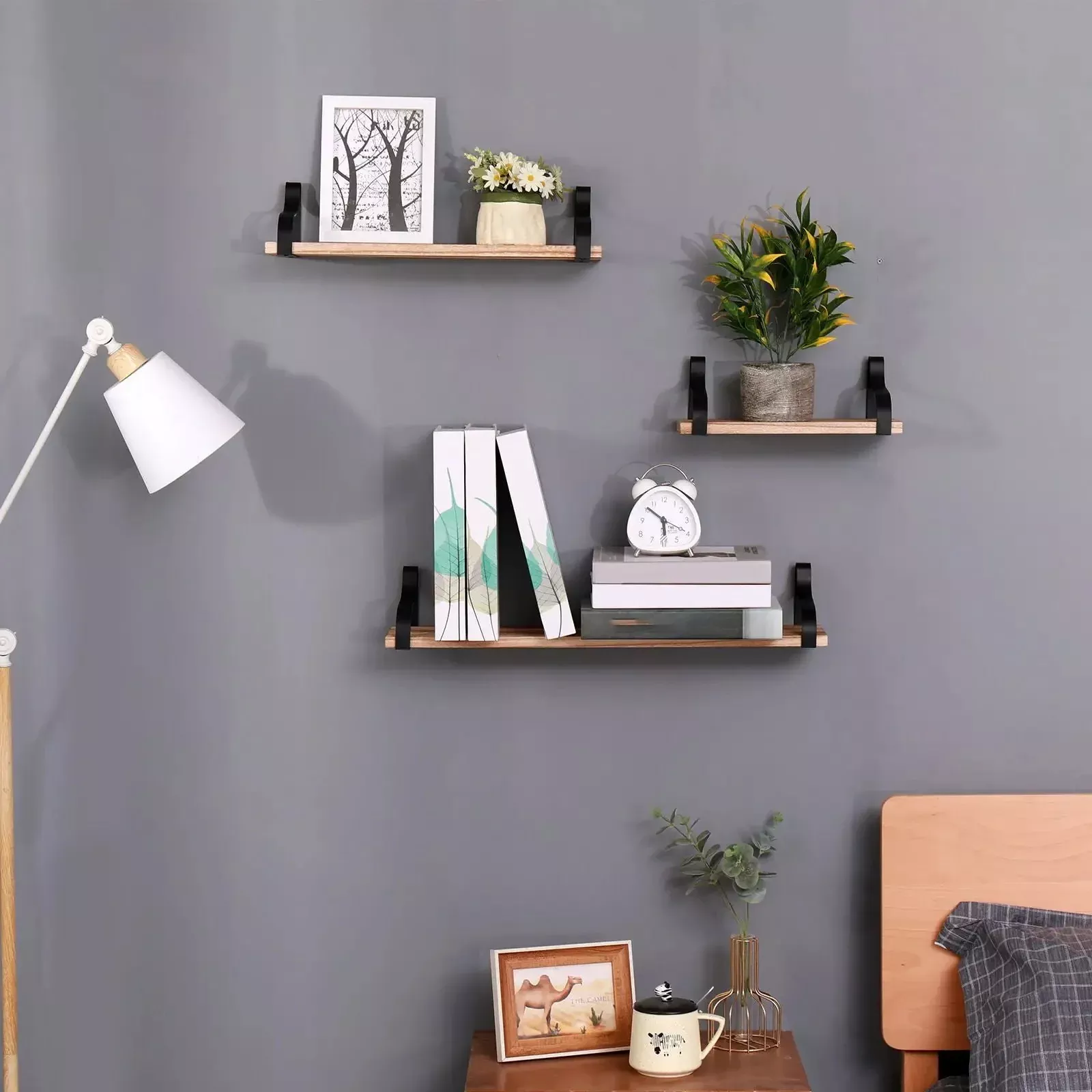 Floating Shelves, Long Wall Shelves (Set of 3), Wall Mounted Shelves & Brackets For Bedroom - Natural Wood