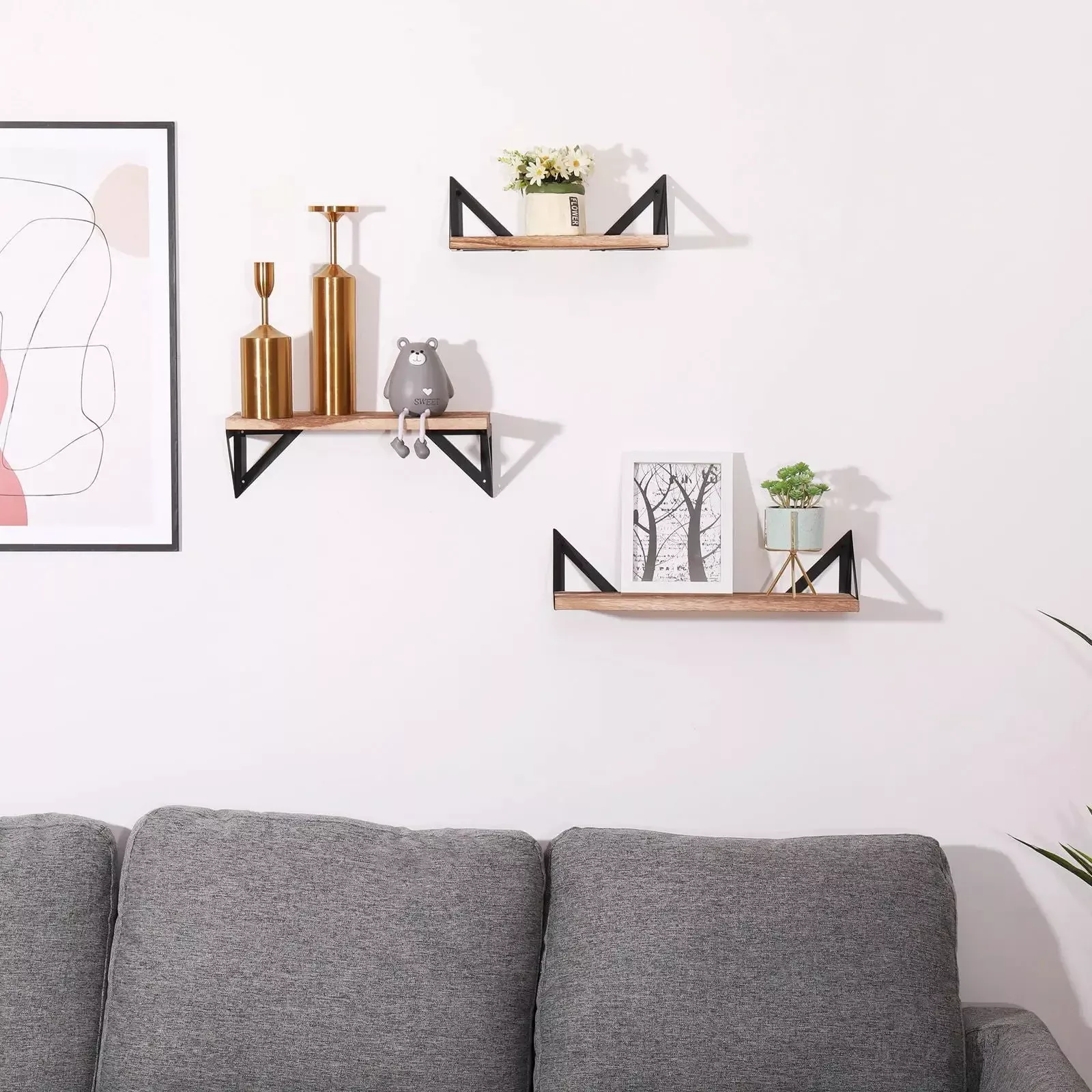 Floating Shelves, Long Wall Shelves (Set of 3), Wall Mounted Shelves With Brackets For Bedroom - Natural Wood