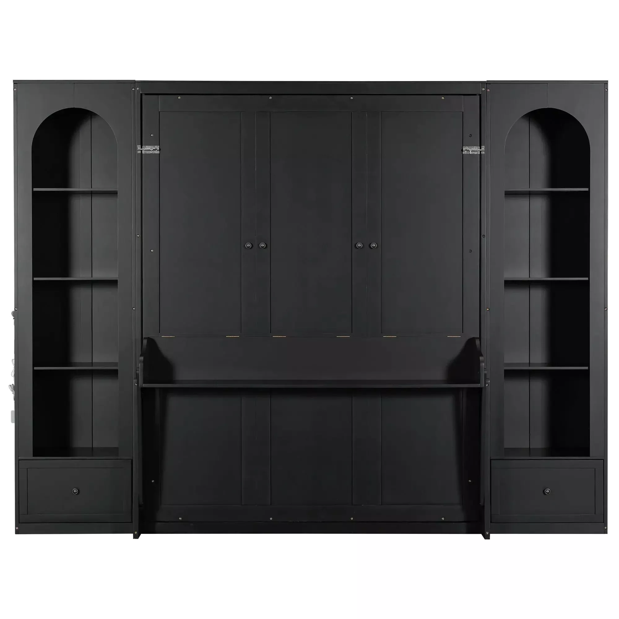French Style Murphy Platform Bed With Shelf, Side Cabinets, Drawers And LED
