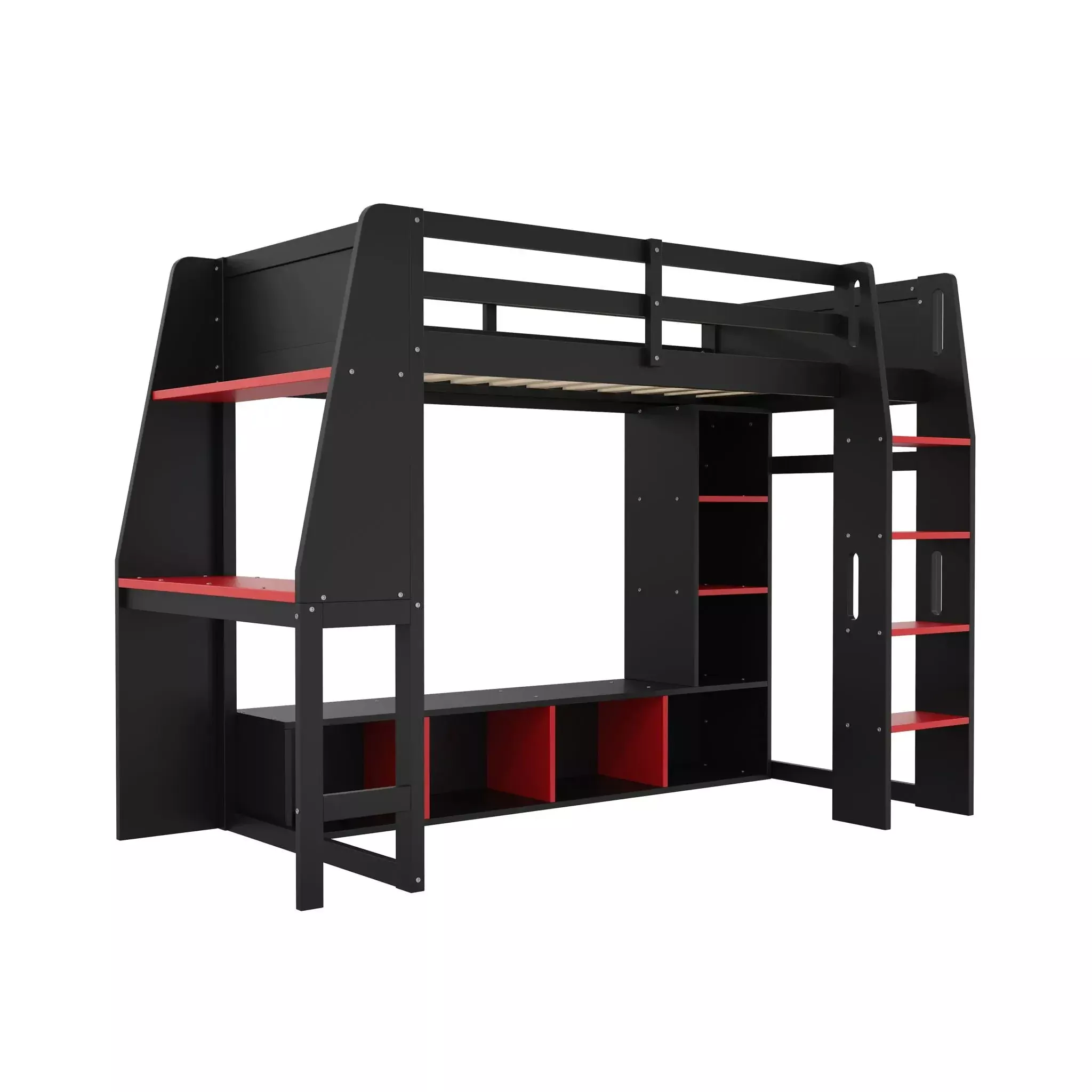 Gaming Loft Bed With Desk, Multi Storage Shelves, LED Lighting, And Hanging Clothes Rack