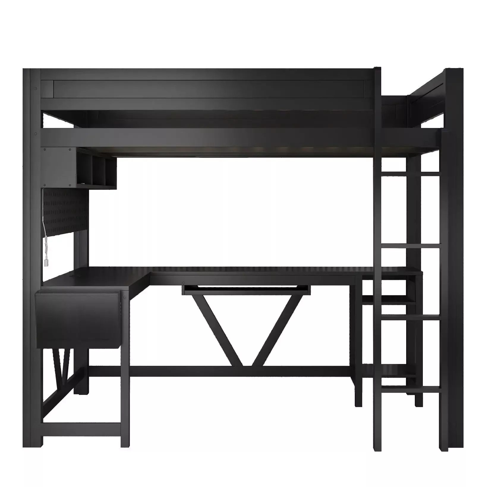 Gaming Loft Bed With Desk, Storage Shelves, LED And Charging Station
