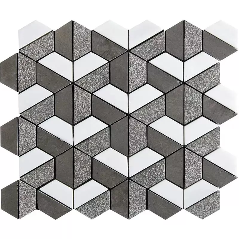 Gray Foussana, Bianco Dolomiti Textured 3d Hexagon Limestone Mosaics 10 3/8x12