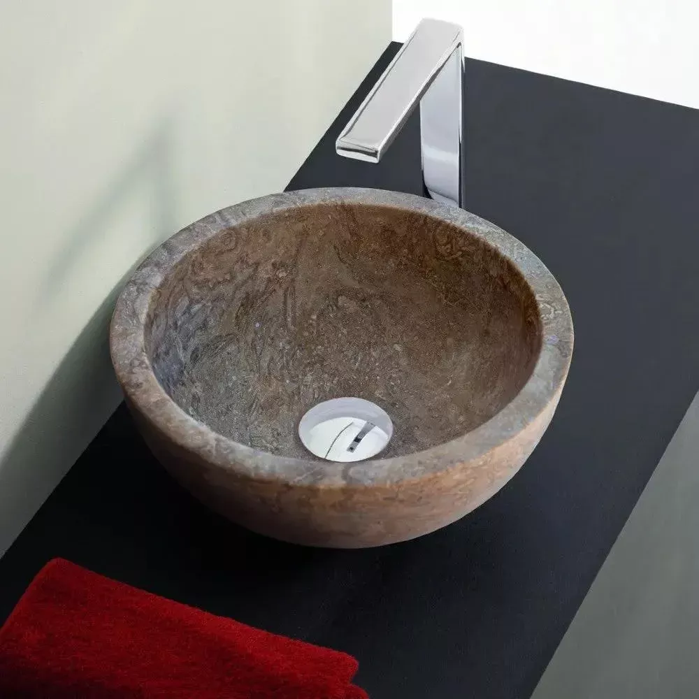 Handcrafted Round Brown Travertine Stone Vessel Sink 12.5