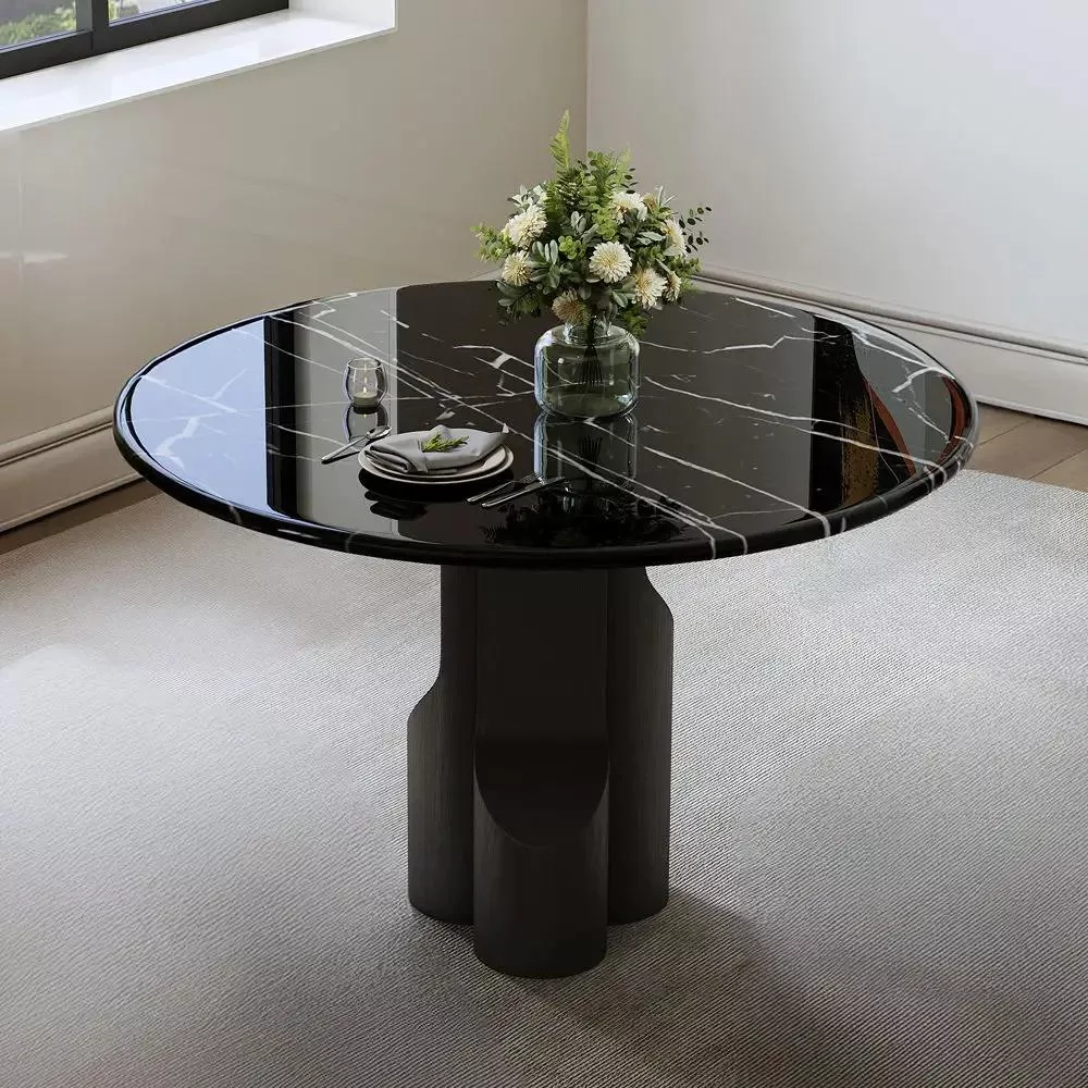 Kinton - Round Dining Table With Natural Marble Top - Black