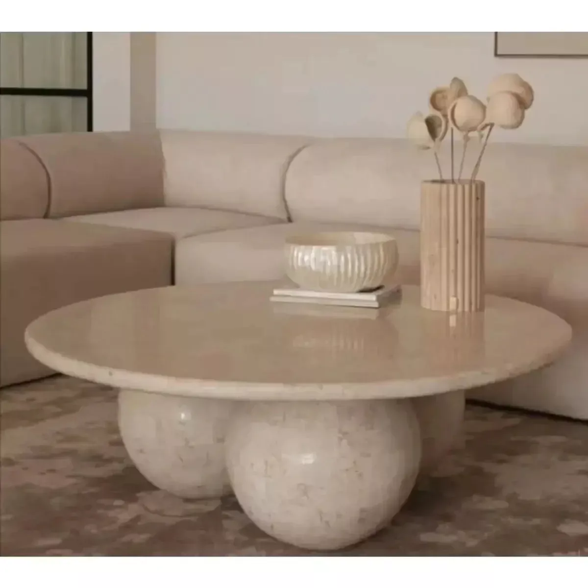 Light Travertine Designer Round Coffee Table with Sphere Legs