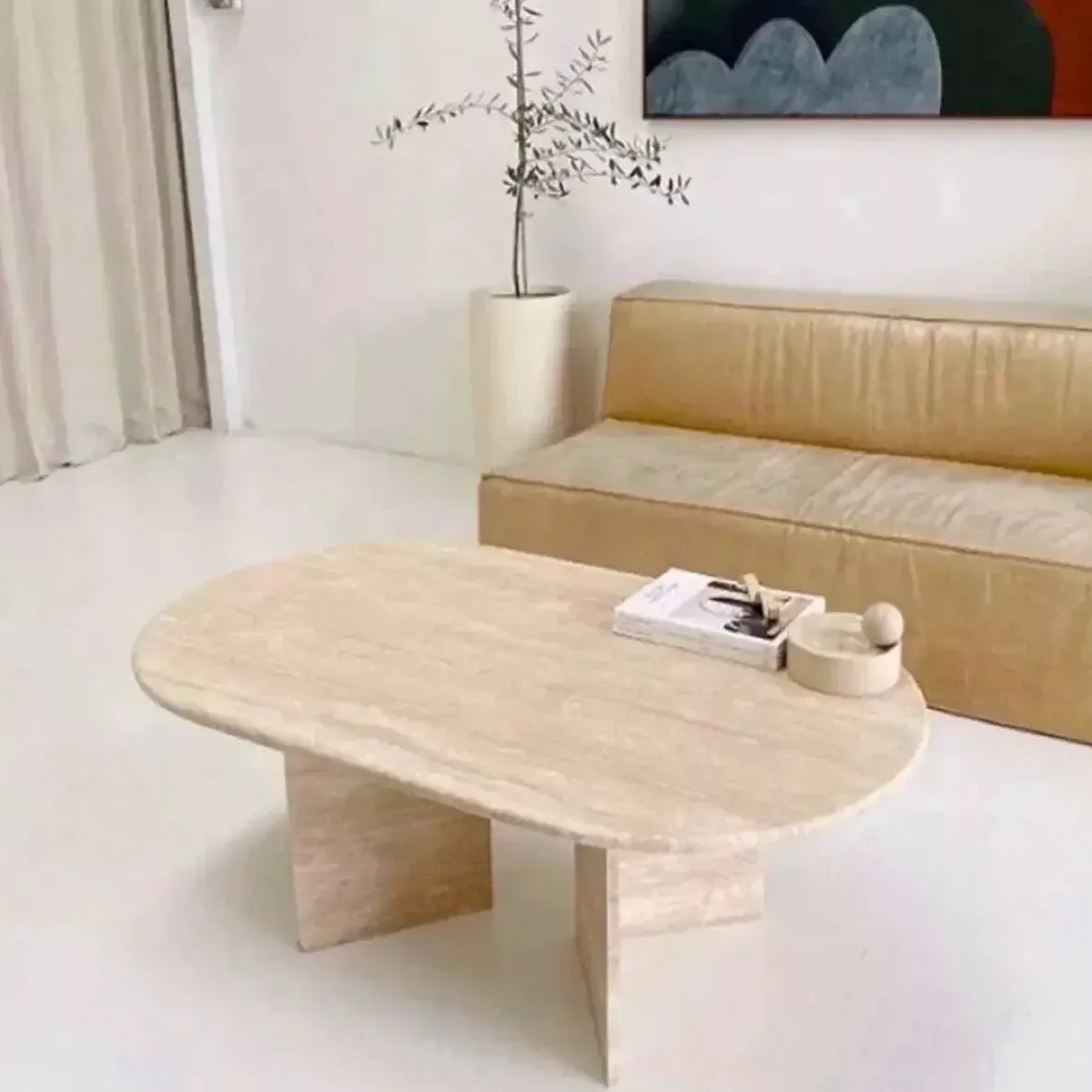 Light Travertine Oval Handcrafted Coffee Table Polished Finish 24 x 48 x 16 Inches