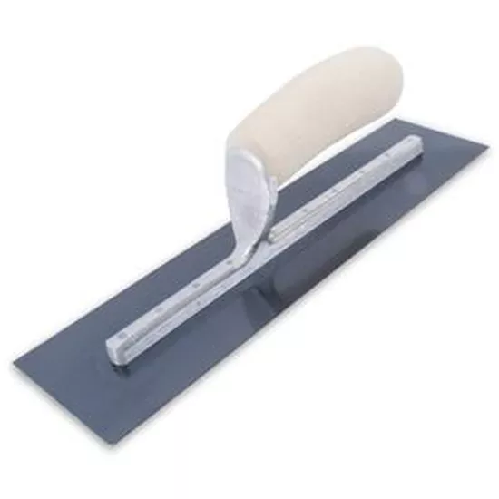 Marshalltown 12" x 4" Blue Steel Finishing Trowel - Curved Wood Handle