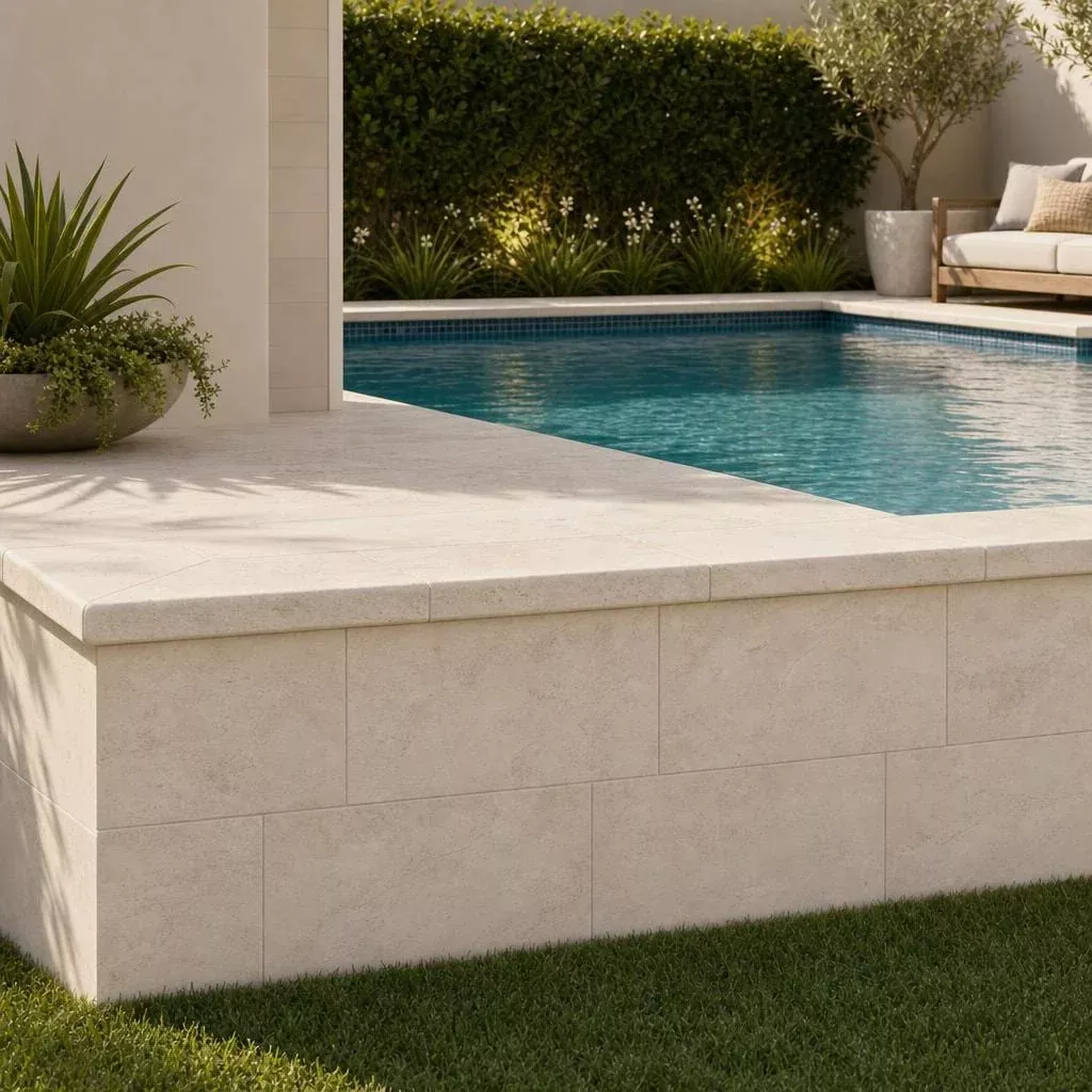 Mayra White 12x24 Tumbled 3CM Travertine Pool Coping
