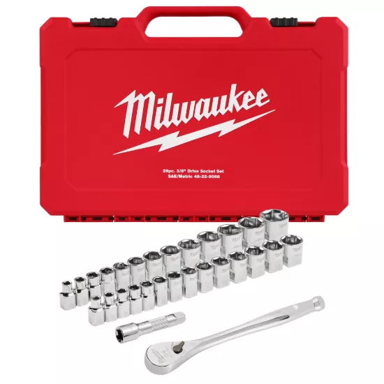 Milwaukee 29 Piece 3/8" Drive Metric & Ratchet and Socket Set with Four Flat Sides