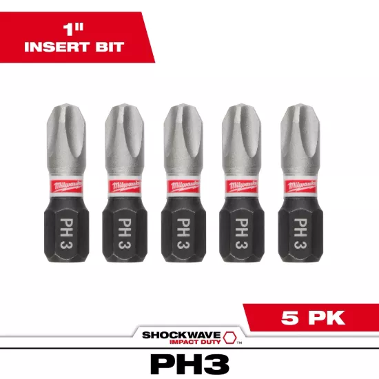 Milwaukee SHOCKWAVE Impact Duty 1" Phillips #3 Insert Bits (5 Pack)