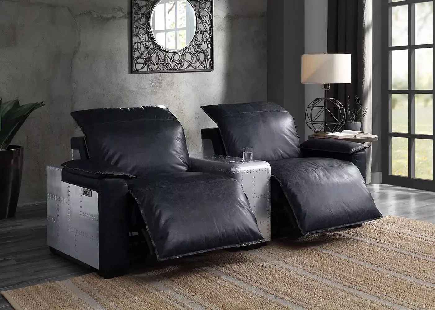Misezon - Power Motion Recliner - Black Top Grain Leather & Aluminum