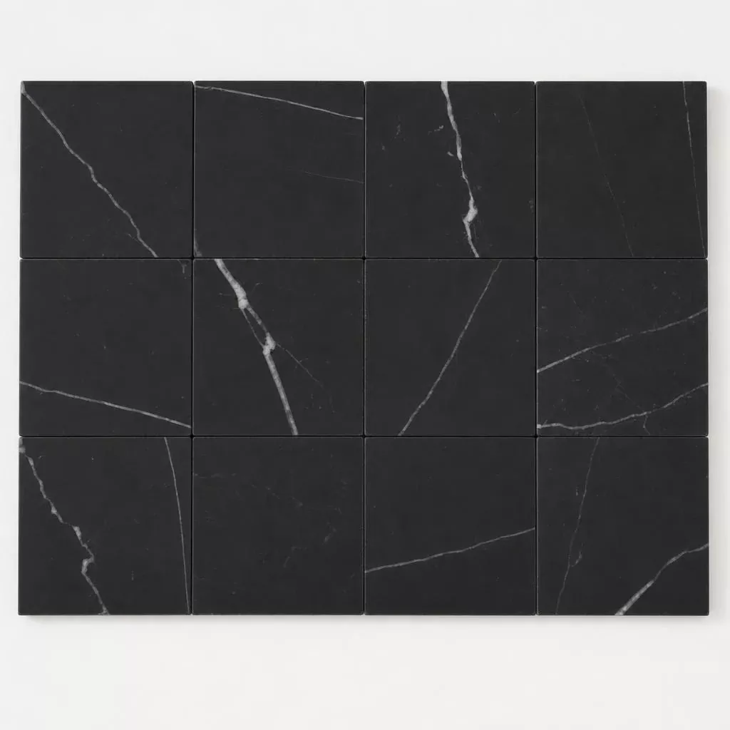 Monet Nero Marquina Marble Tile 4x4 Honed 3/8 inch