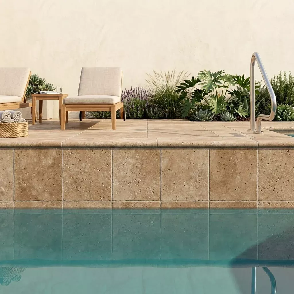 Noce Travertine Coping 16x16 Tumbled Double Bullnose 1.25 inch