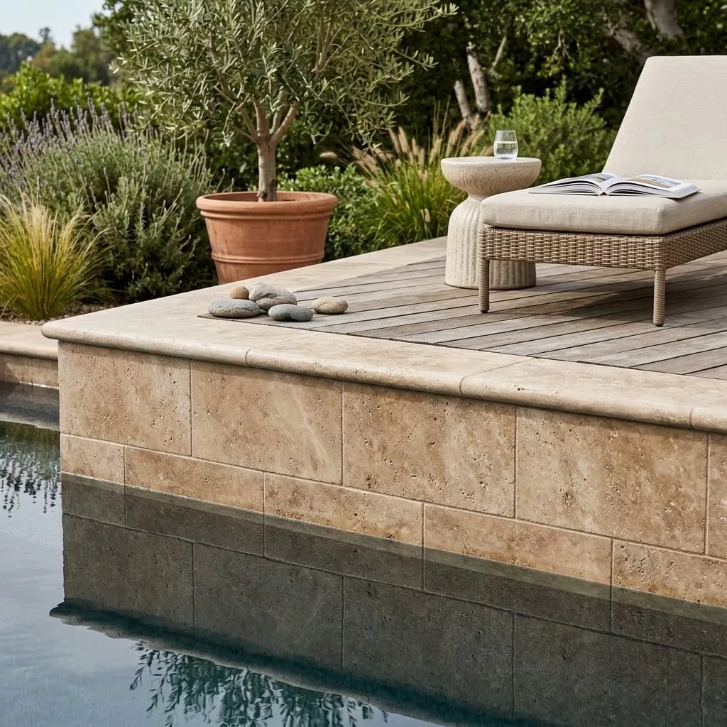 Noce Travertine Coping 6x12 Unfilled, Honed Bullnose2 inch