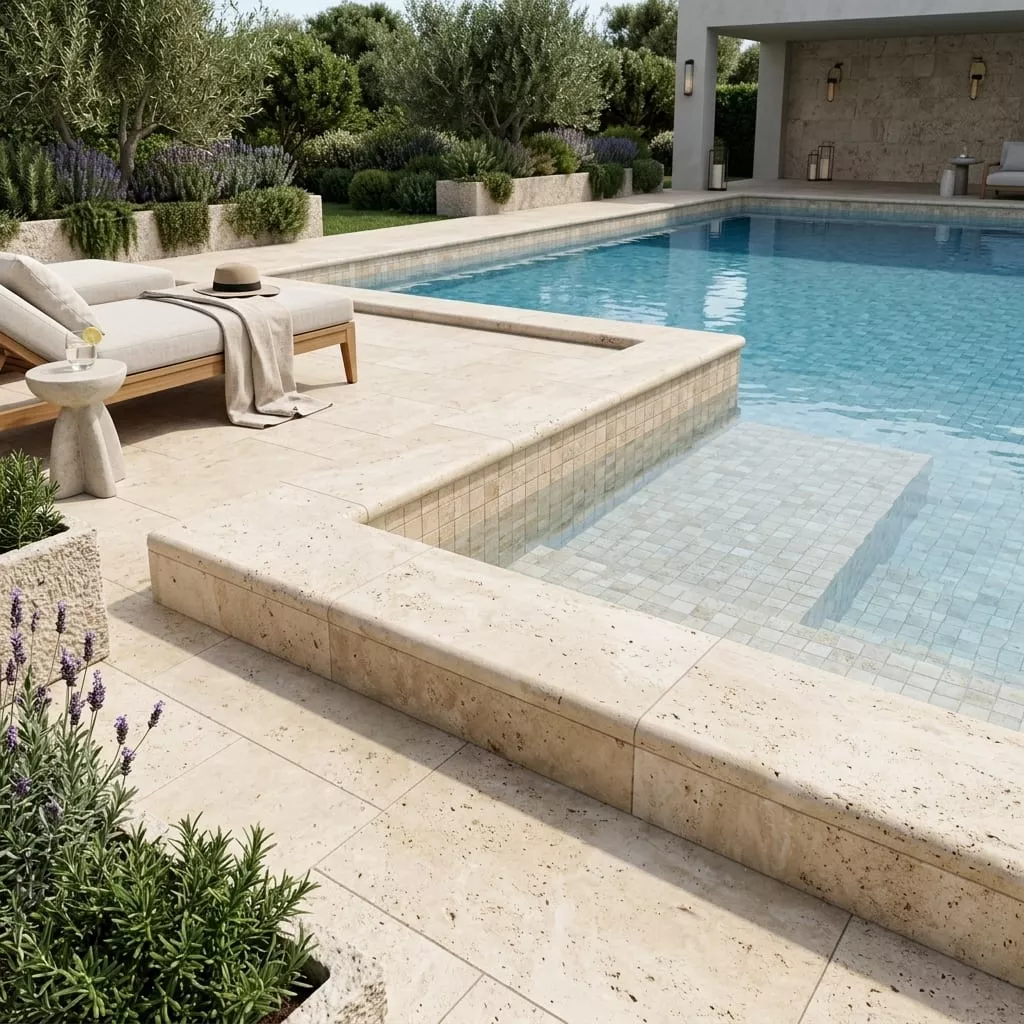 Nysa Travertine Coping 12x24 Unfilled, Honed Bullnose2 inch