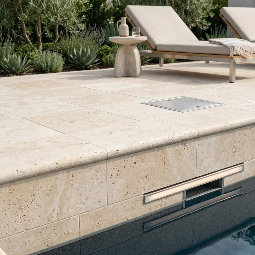 Nysa Travertine Coping 6x12 Unfilled, Honed Bullnose1.25 inch