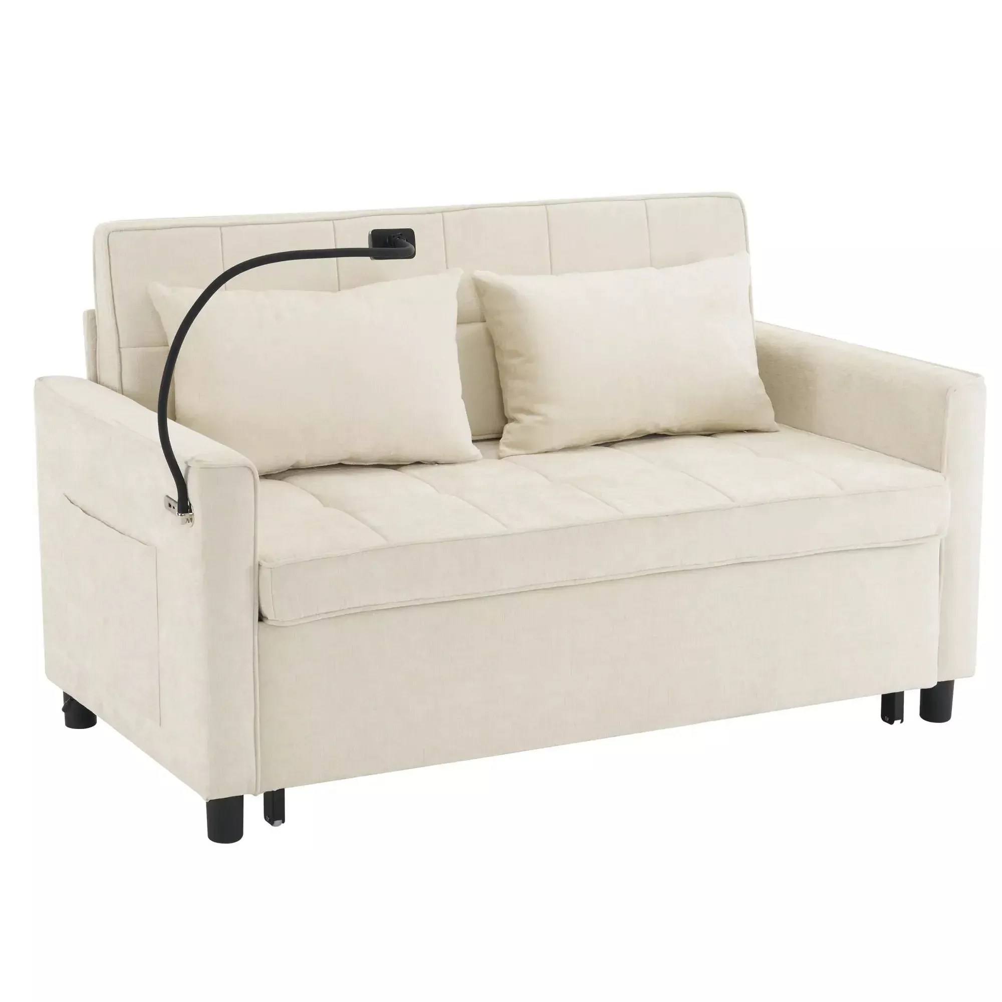 Pull-Out Sleeper Sofa With Reversible Backrest Cushion, Side Pockets, 2 USB Ports And A Phone Holder For Living Room