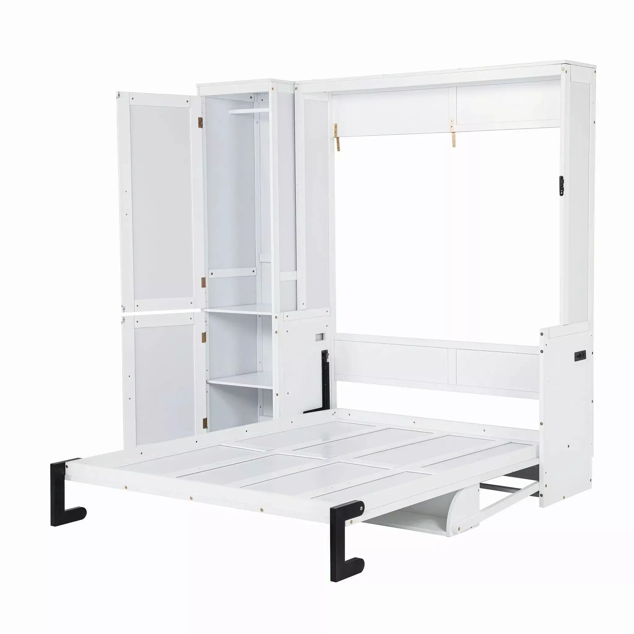 Queen Size Murphy Bed With Wardrobe, Space-Saving Hidden Wall Bed With Desk And Charging Station - White