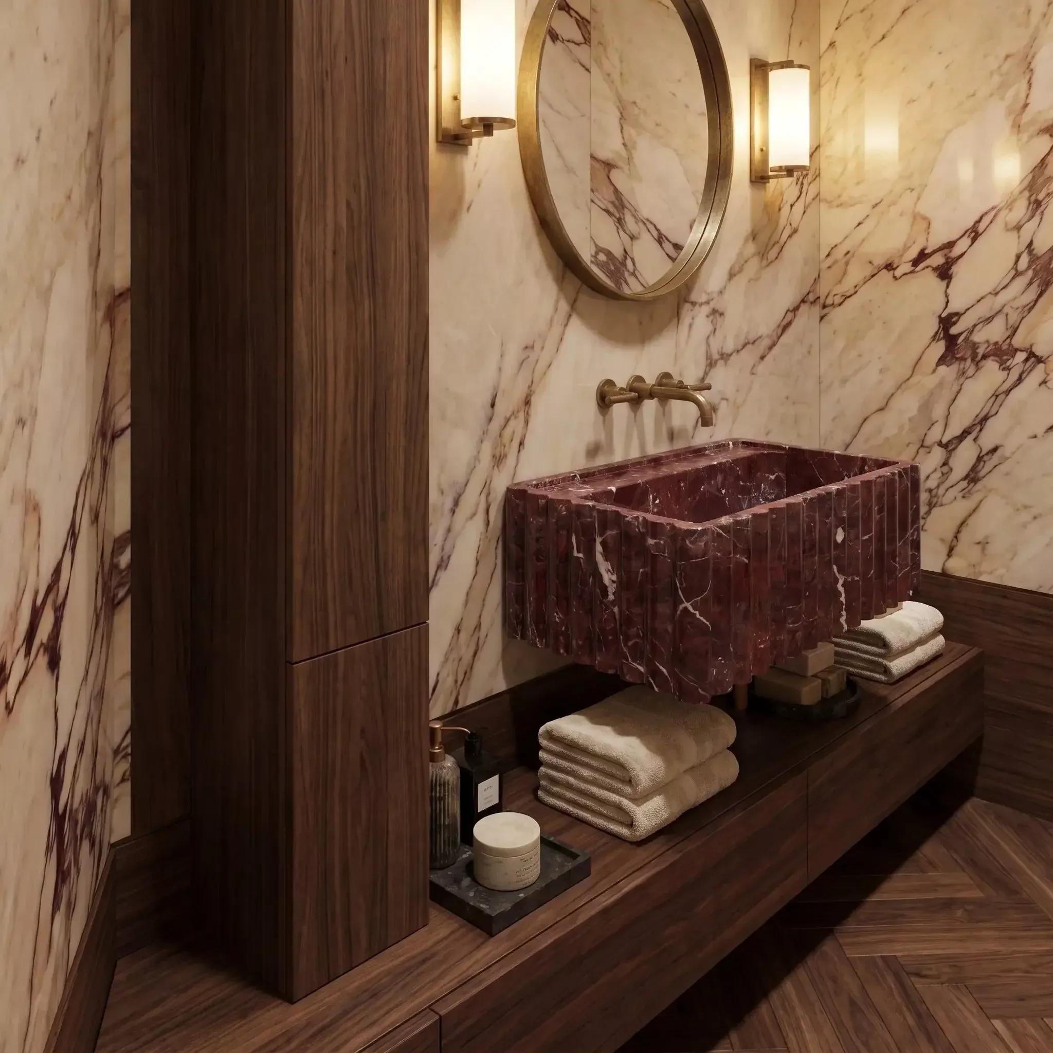 Rosso Levanto Marbled Wall Mount Bathroom Sink Fluted 16x28 Inch