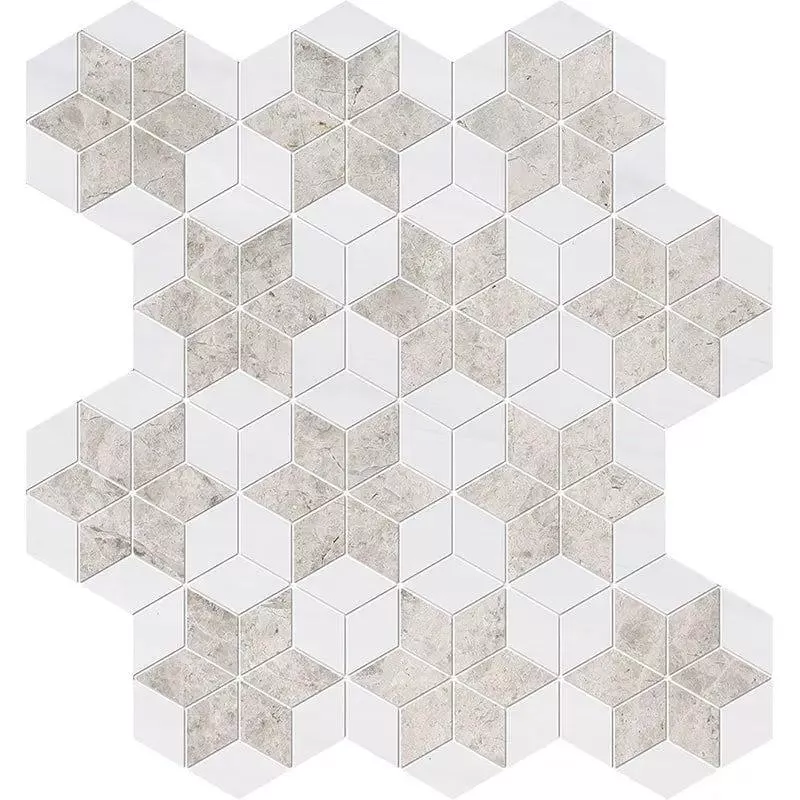 Silver Clouds, Snow White Multi Finish Stars Marble Mosaics 14 3/16x14 15/16
