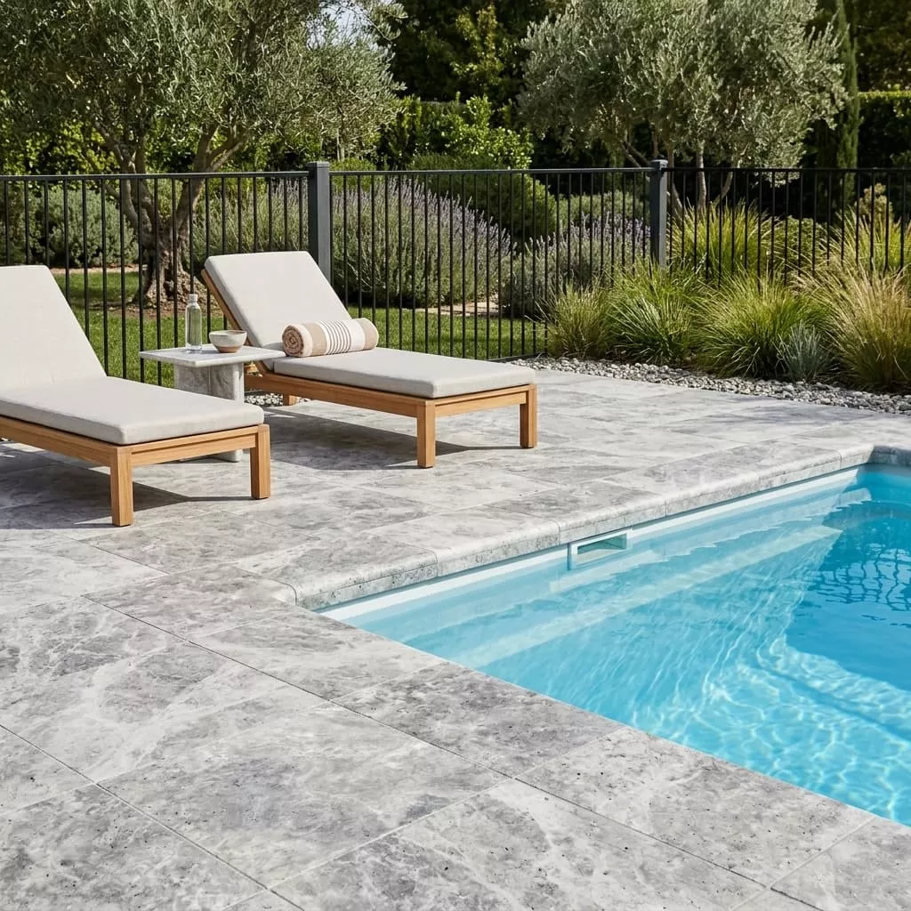 Silver Travertine Coping 12x12 Tumbled Bullnose 2 inch