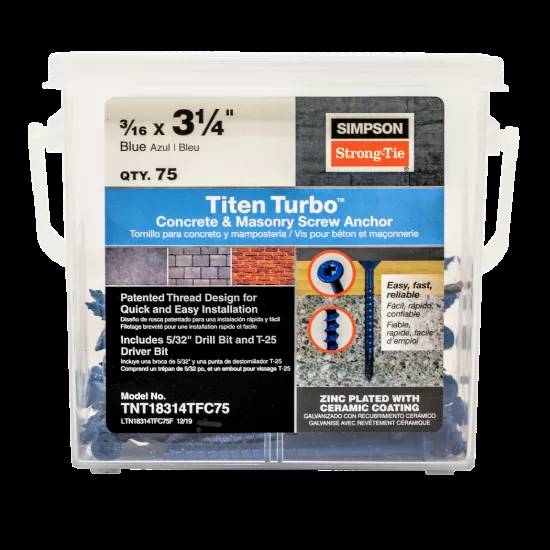 Simpson Titen Turbo - 3/16" x 3-1/4" Torx Flat-Head Concrete Screw, Blue - 100/box