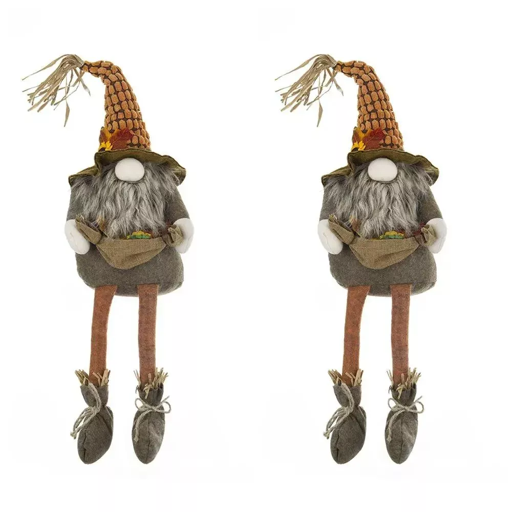 Sitting Gnome With Maple Leaf, For Holiday Harvest Festival Fall Festival & Thanksgiving Table Decorations (Set of 2) - Orange Multi